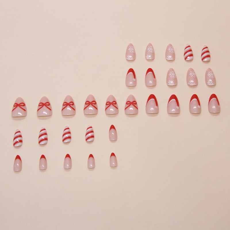 WAFOLOZE Christmas Nails - Short Almond Press On Nails Red French Fake Nails With Bow Stripes Designs Acrylic Artificial Glue On False Nail Press Ons Stick On Nail for Women Girls - Image 3